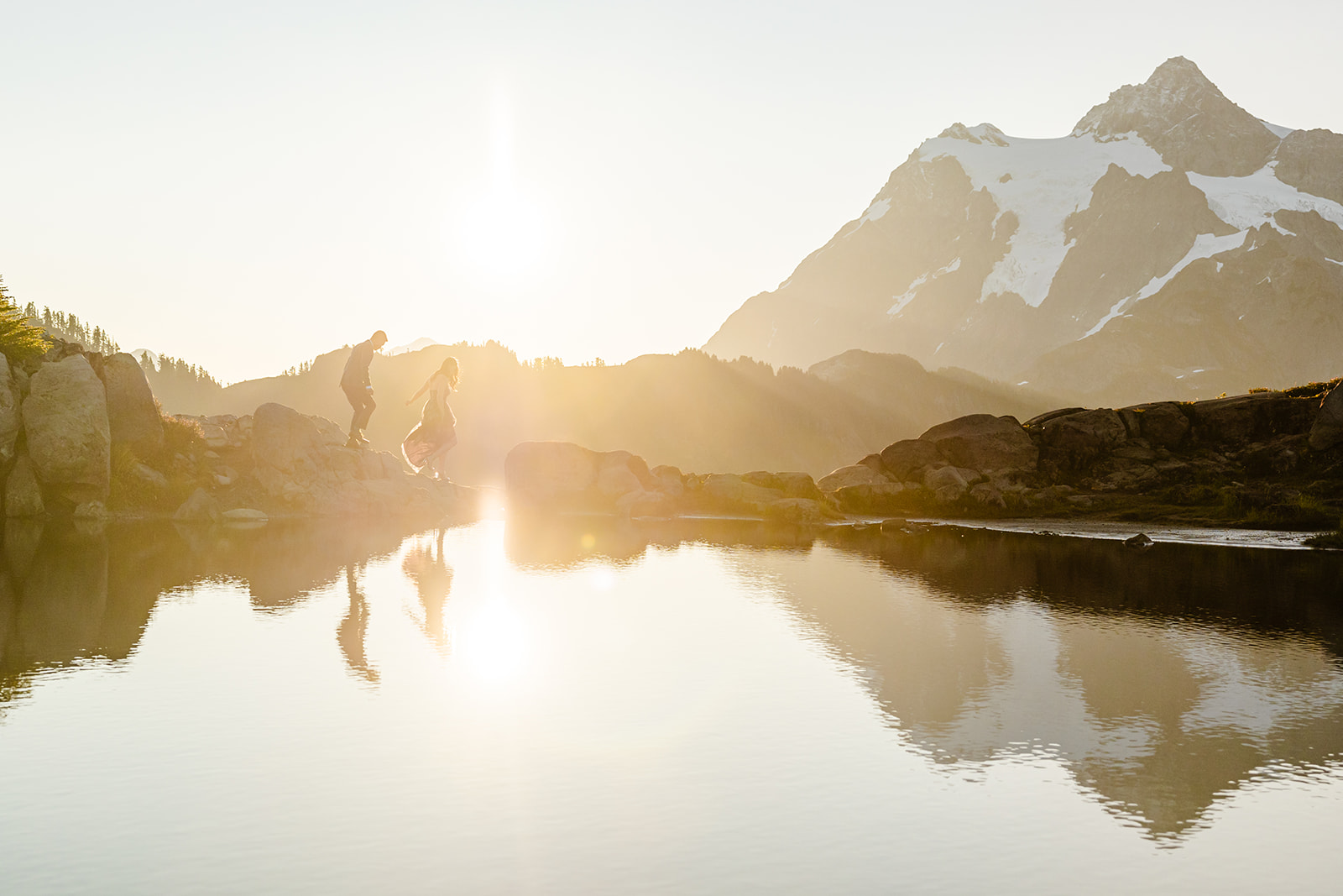 couple poses for engagement session at artist point mount baker