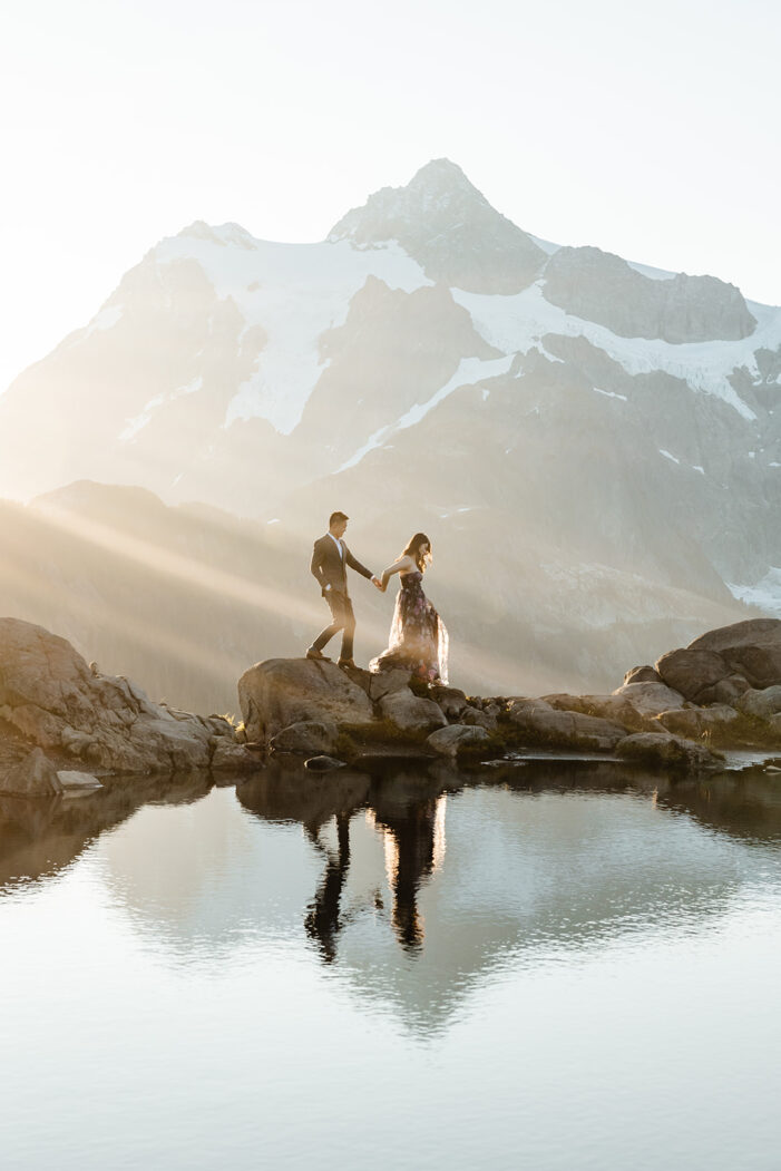 couple poses for engagement session at artist point mount baker