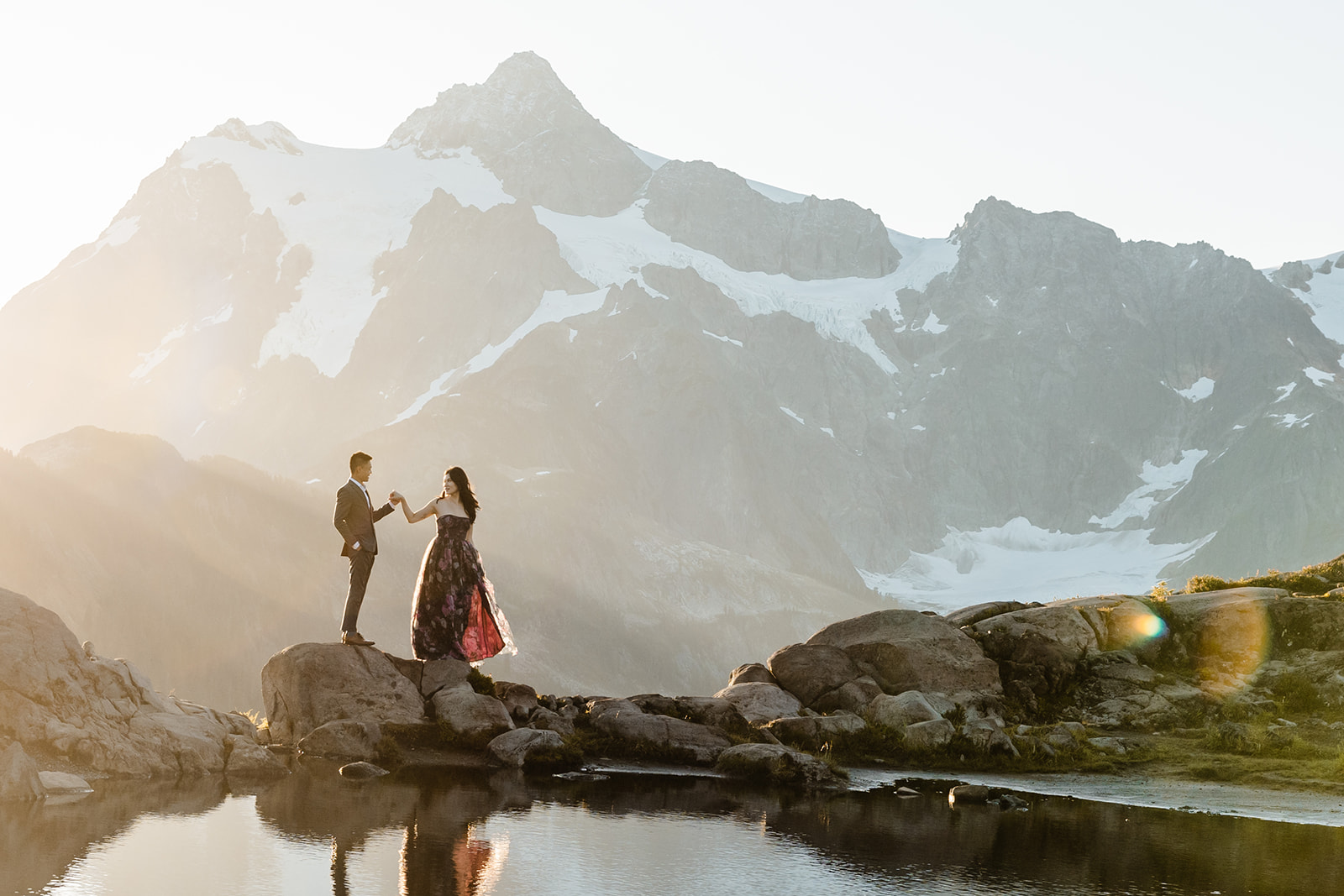 couple poses for engagement session at artist point mount baker