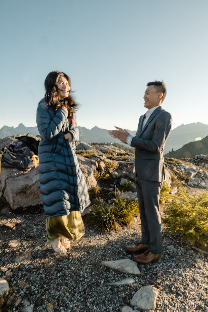 couple poses for engagement session at artist point mount baker