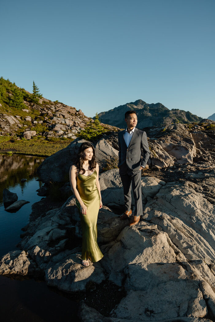 couple poses for engagement session at artist point mount baker