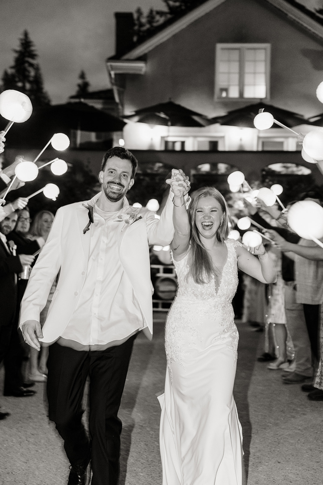 bride and groom exit chateau lill wedding