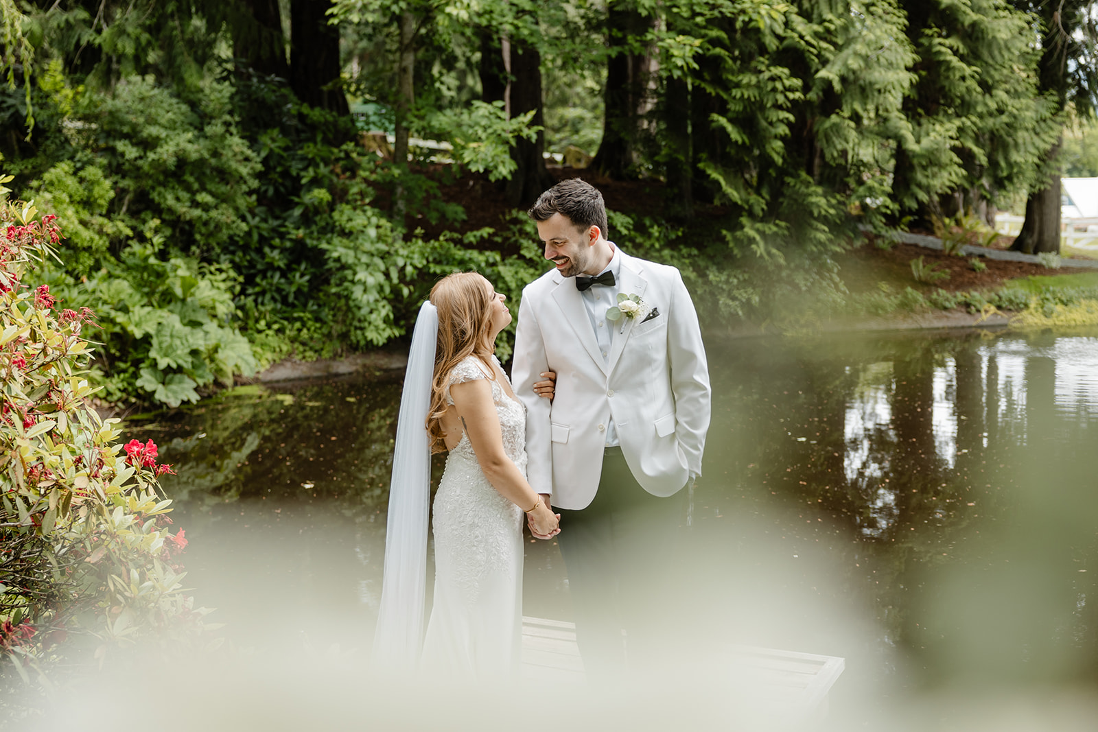 bride and groom stare at each other