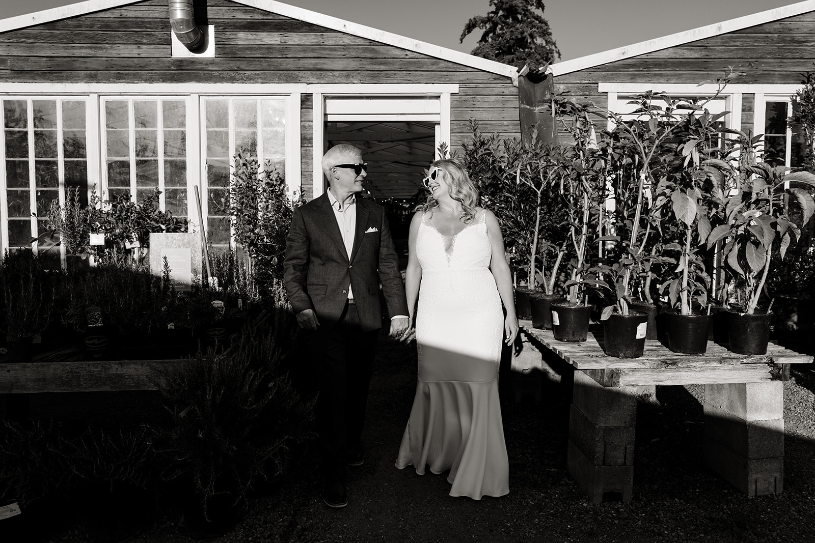 bride and groom at Christianson's plant nursery