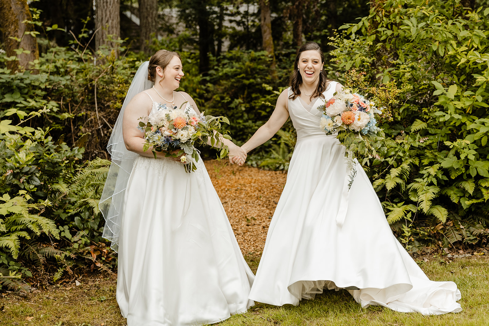brides walking out of forest