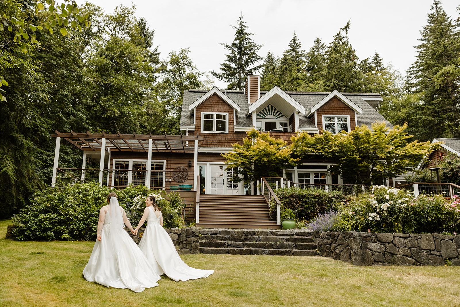 brides walk in front of house