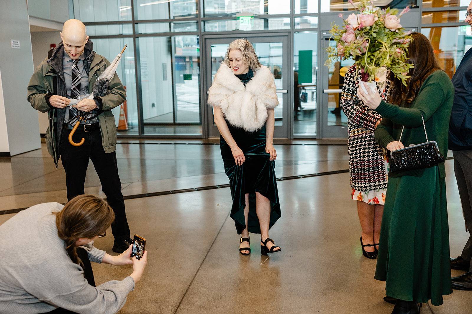 bride walks into ferry terminal