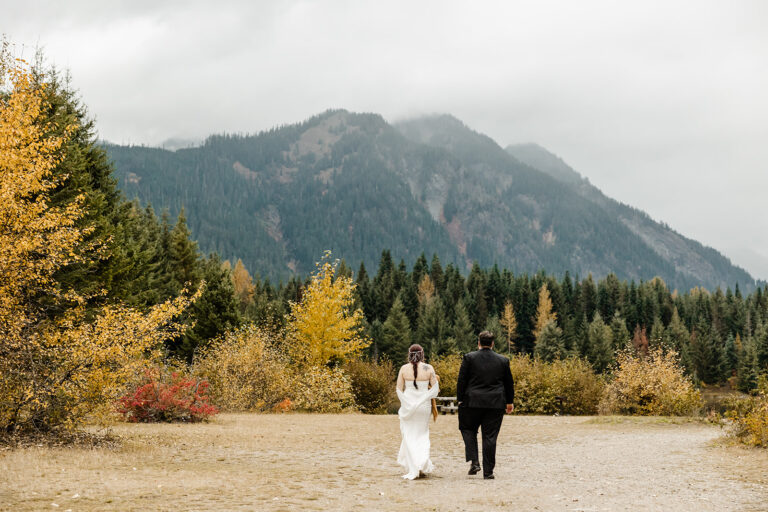 bride and groom walking towards mountains