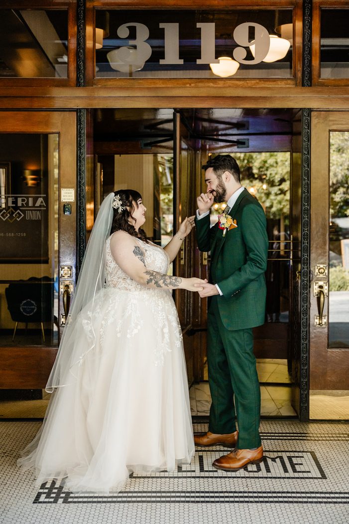 bride and groom share a first look