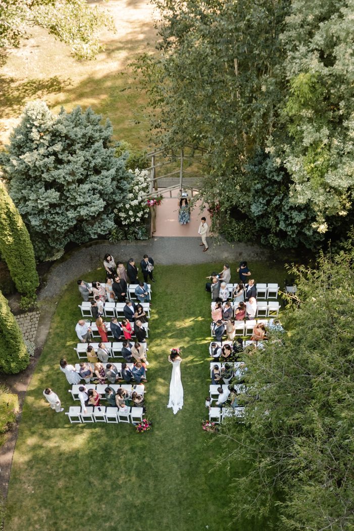 drone view of wedding ceremony at garden wedding venue near seattle, jardin del sol