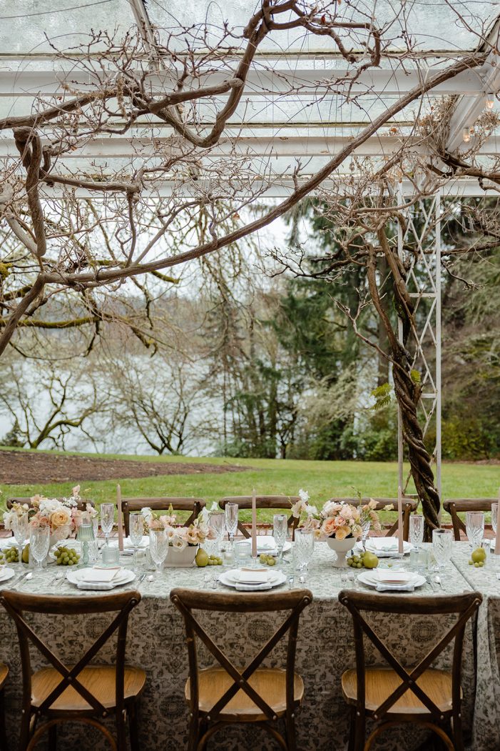 table under awning at lakewold gardens