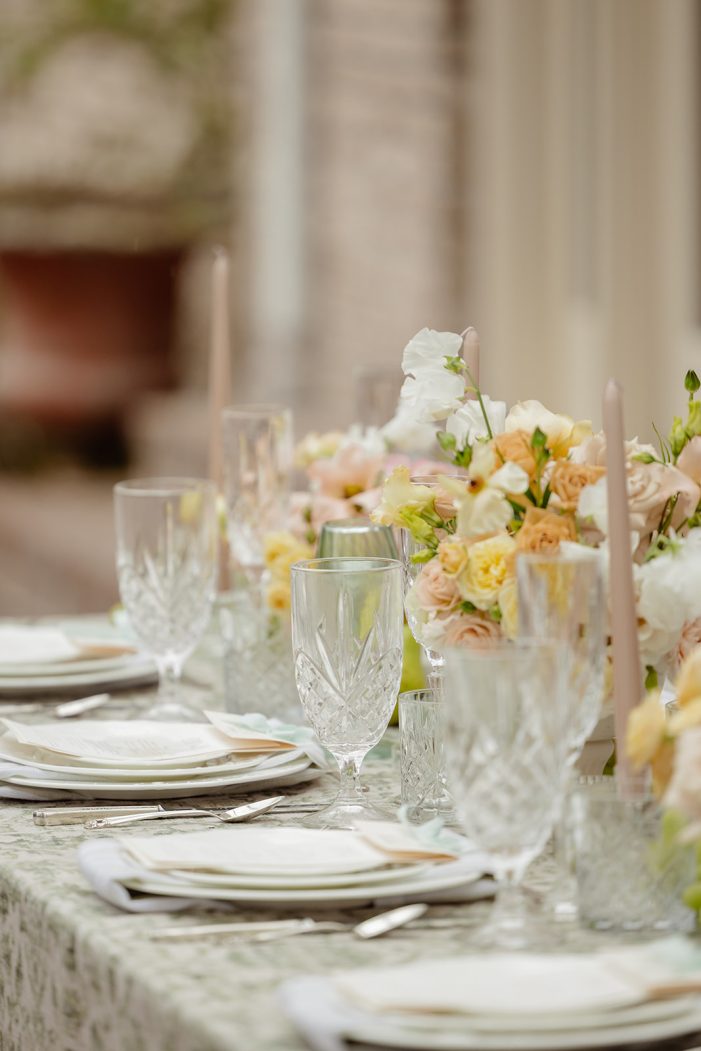 table under awning at lakewold gardens
