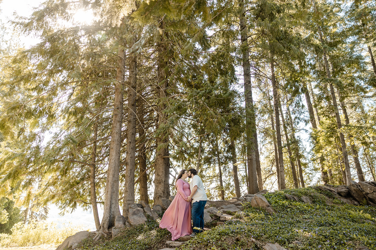 couple stands in a forest