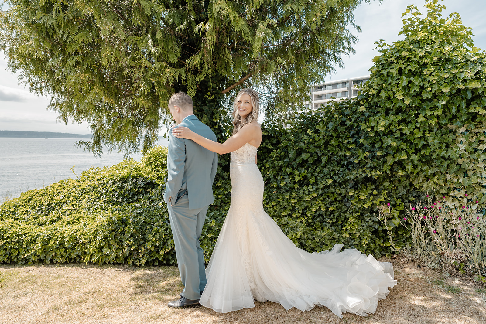 bride and groom share first look
