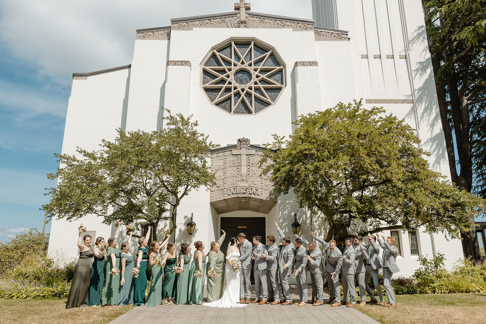 bridal party in front of church