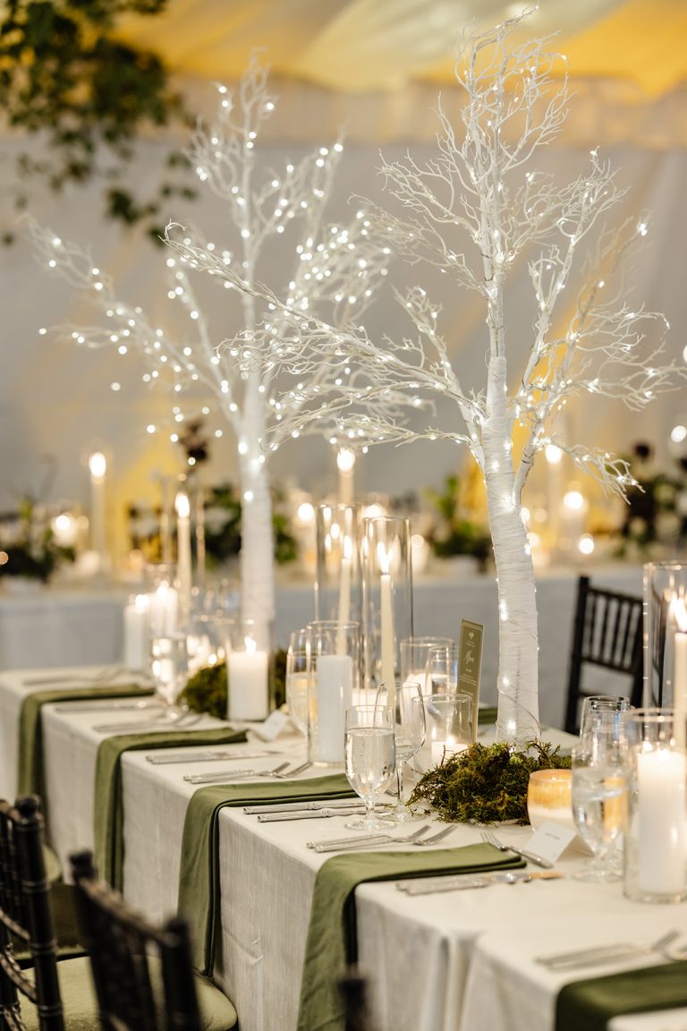 wedding table details with tree lights