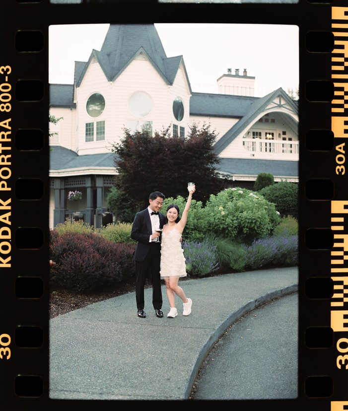 bride and groom in garden at columbia winery