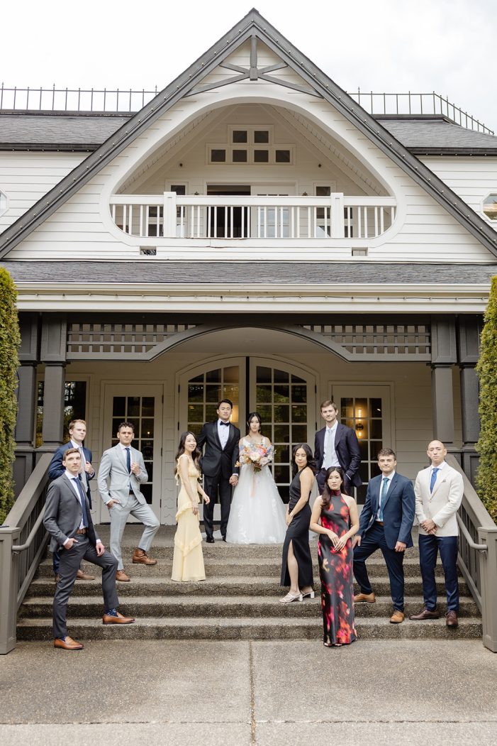 bride with bridal party on steps